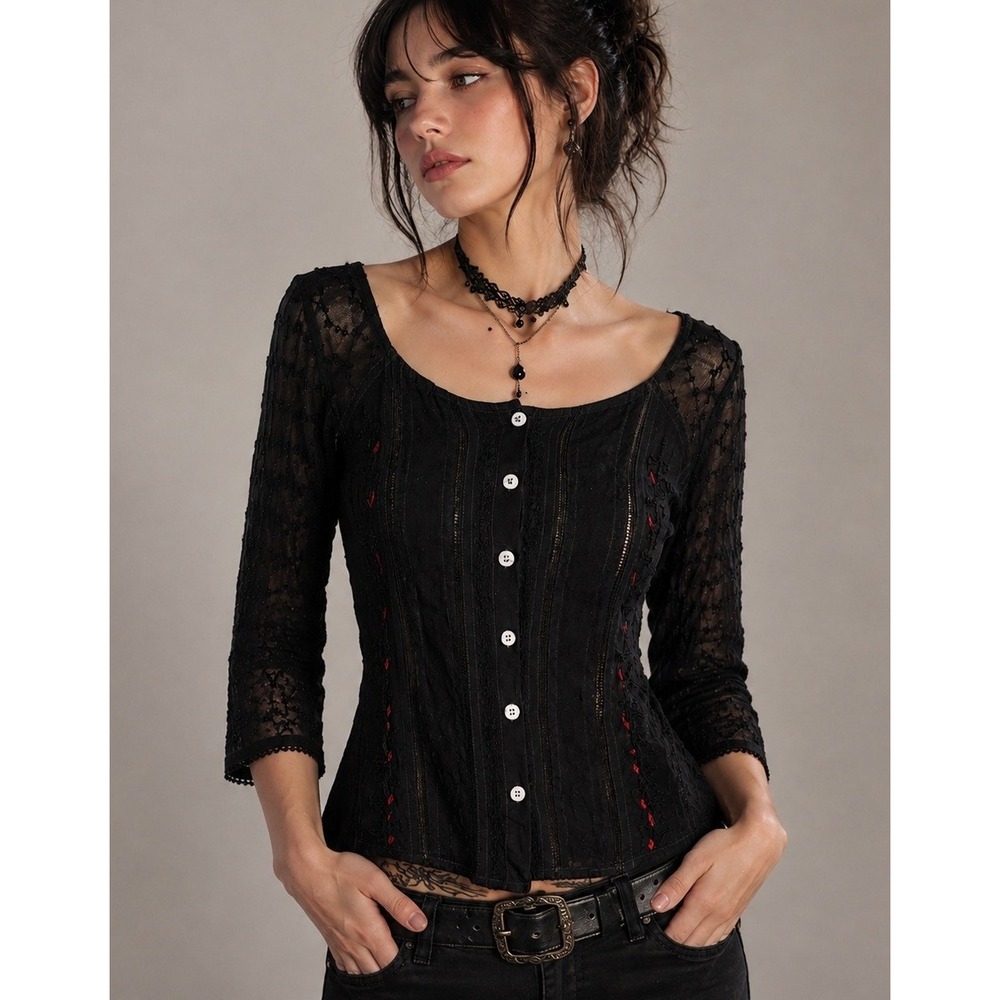 Whimsigoth Boho Embroidered Witchy Sheer Lace Sleeve Button Peasant top